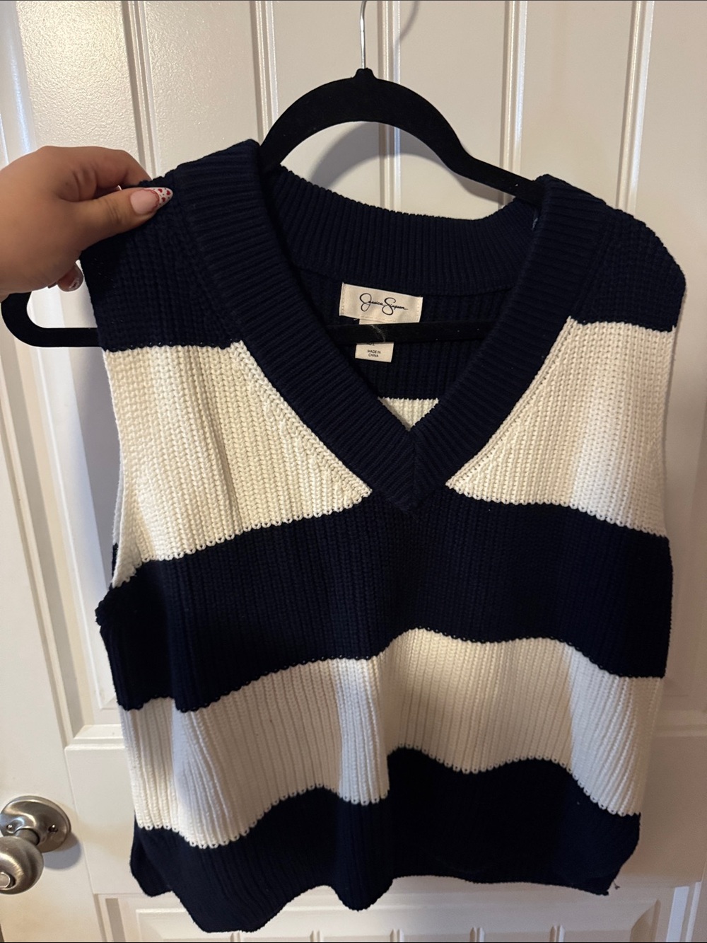 Jessica Simpson Navy and White Striped V-Neck Sweater Vest